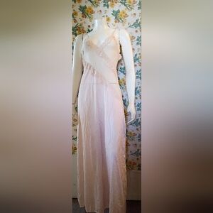 Vtg 80's Interludes Women's Sheer Satin And Lace Light Pink Slip Dress/Nightgown